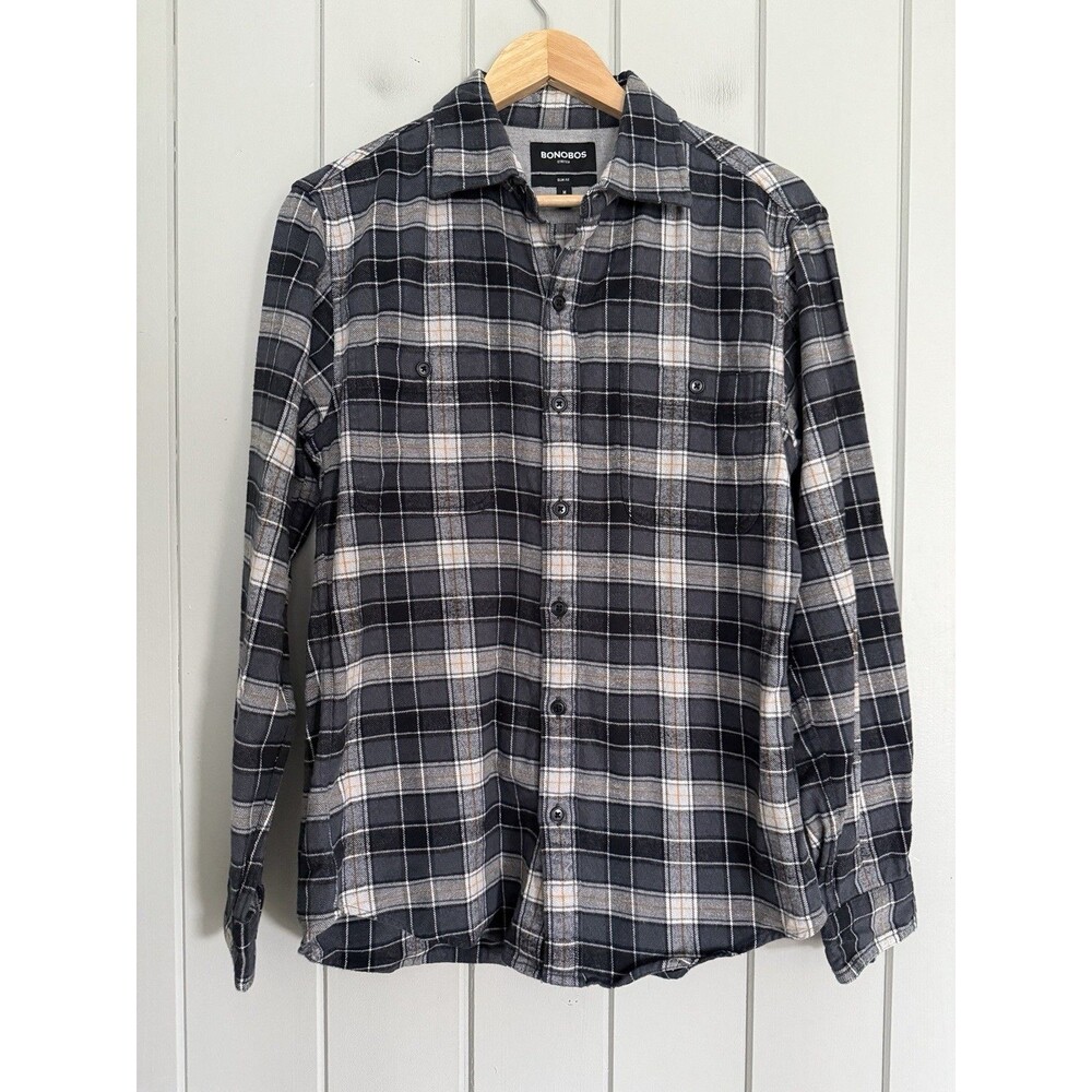 Bonobos Flannel Shirt Mens M Medium Gray Plaid Stretch Slim Fit Button Up Casual